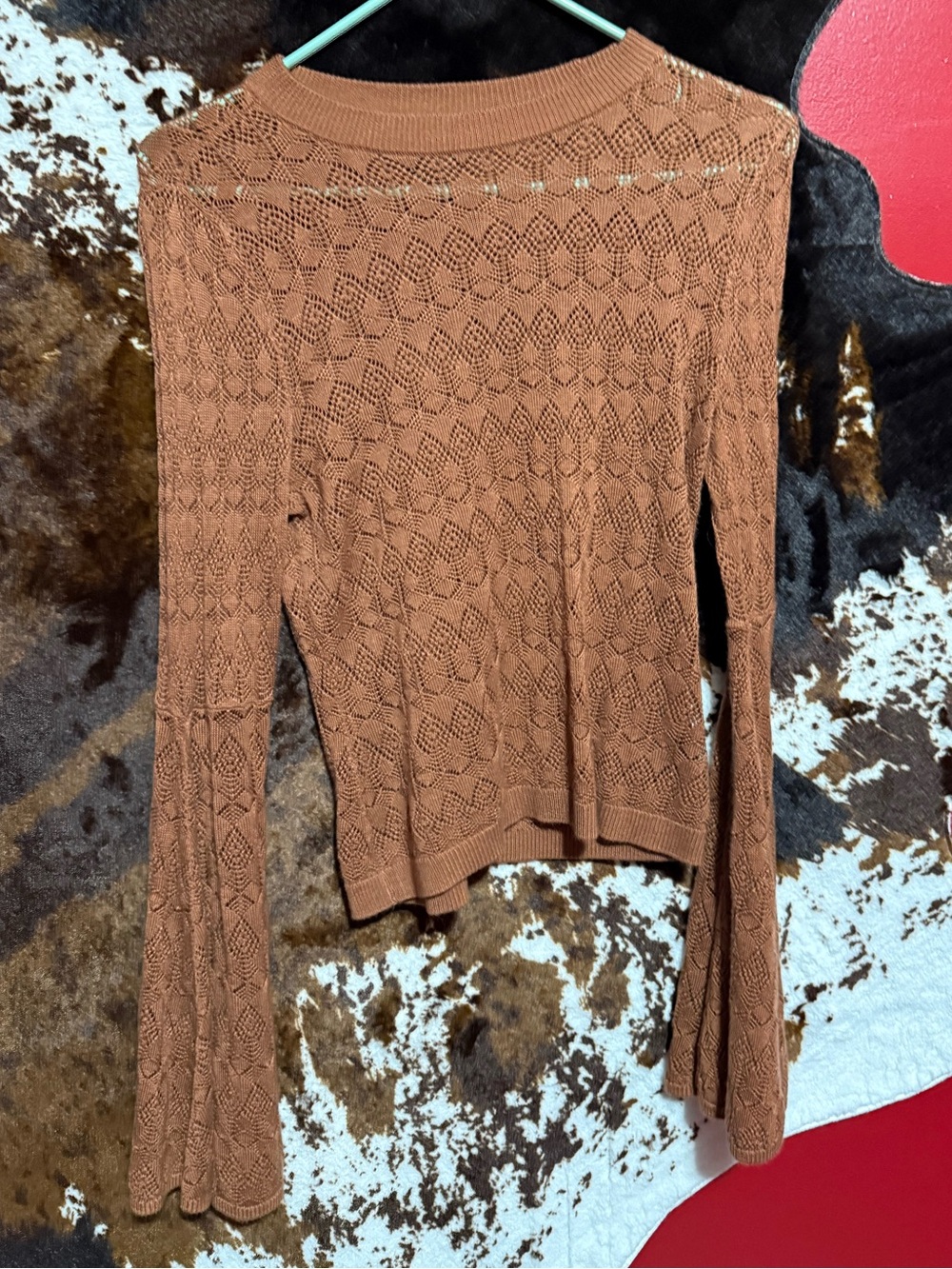 Shyanne Open-Knit Scoop Neck Sweater in Rust Brown